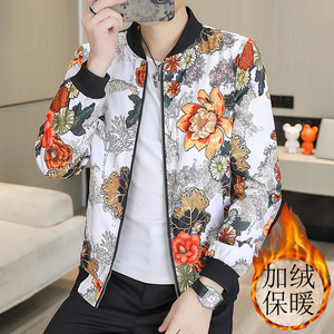 秋冬新款男加绒加厚保暖修身棒球领夹克外套印花青年潮流9981p75图片