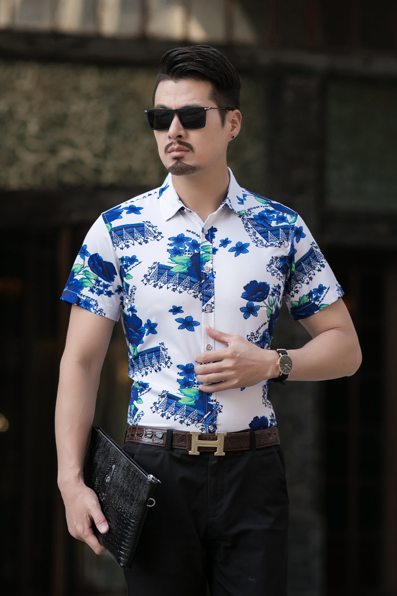 2025短袖花衬衫夏季潮男帅气数码印花加肥大码花衬衫C7032p45,男装衬衫,星座1507