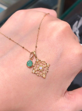 欧泊蕾丝摩洛哥中世纪窗花印度绿玉髓日系轻奢925银吊坠锁骨项链