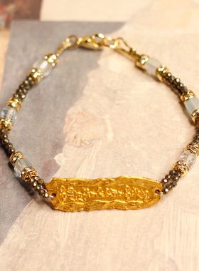 莲花生大士财神三月生辰石海蓝宝切面闪耀黄铁矿14k包金原创手链