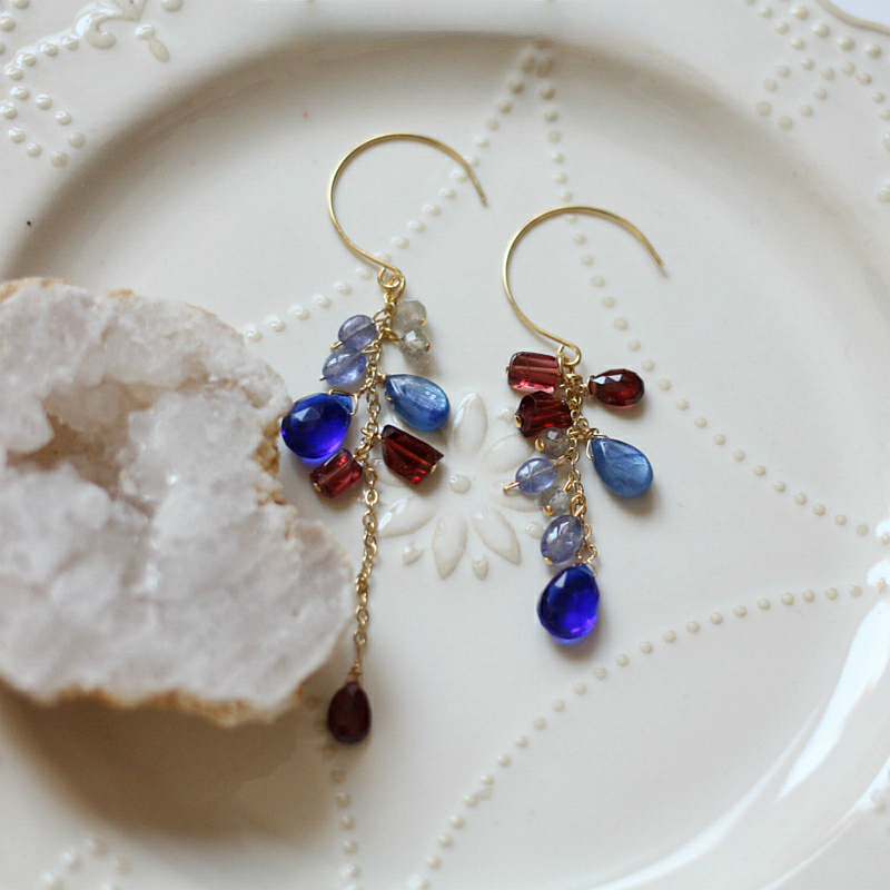 蓝晶石榴石坦桑石14k包金耳环