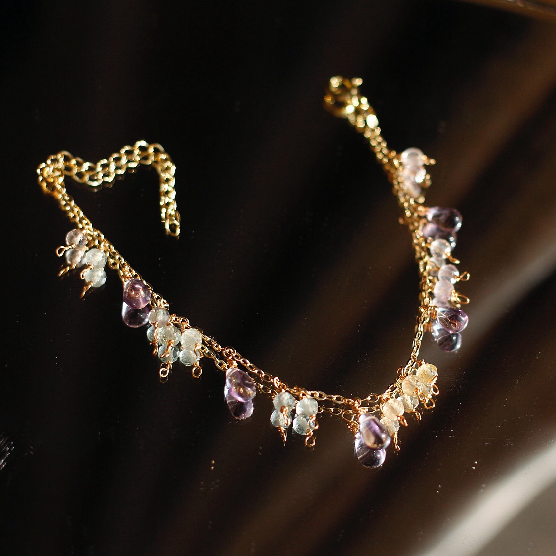 天然紫水晶萤石2月诞生辰石礼物美国14K包金925银设计感仙气手链