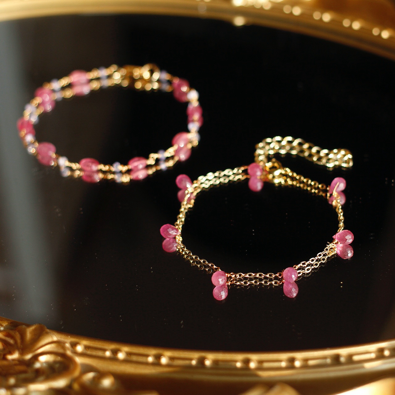 原创设计7七月诞生辰石天然红宝石坦桑石14k包金设计感手链