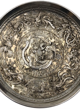 古玩杂项盘子 十二生肖 凤凰摆件微大号家居鎏金鎏银工艺装饰品