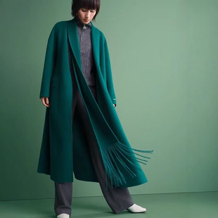 绿色双面羊绒大衣女2025秋冬新款中长款高端袁泉同款羊毛呢外套女