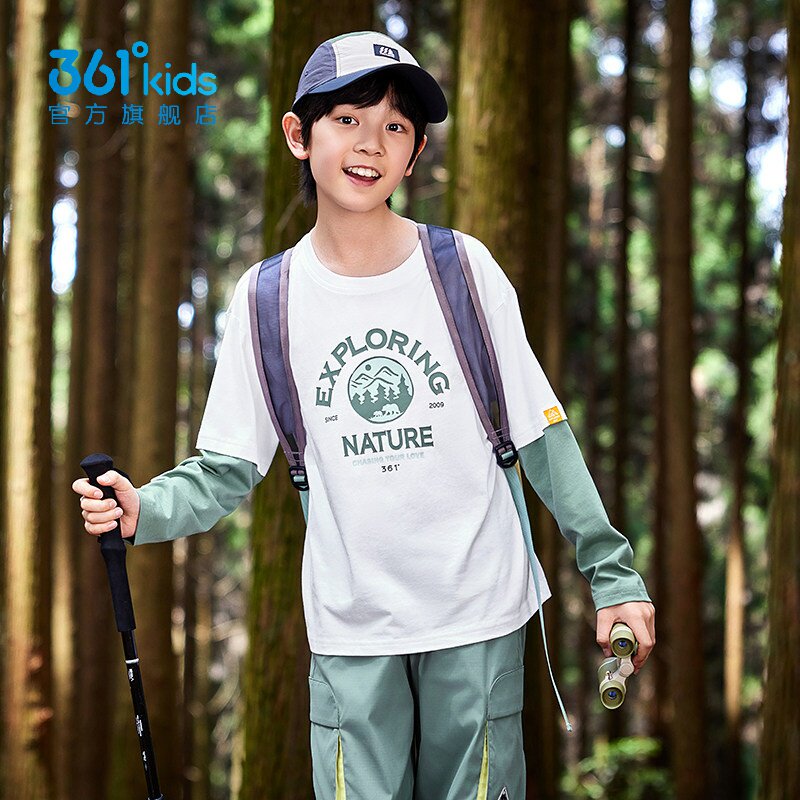 361男童假两件长袖T恤新品2025秋春上衣学生纯棉运动衫N52532201