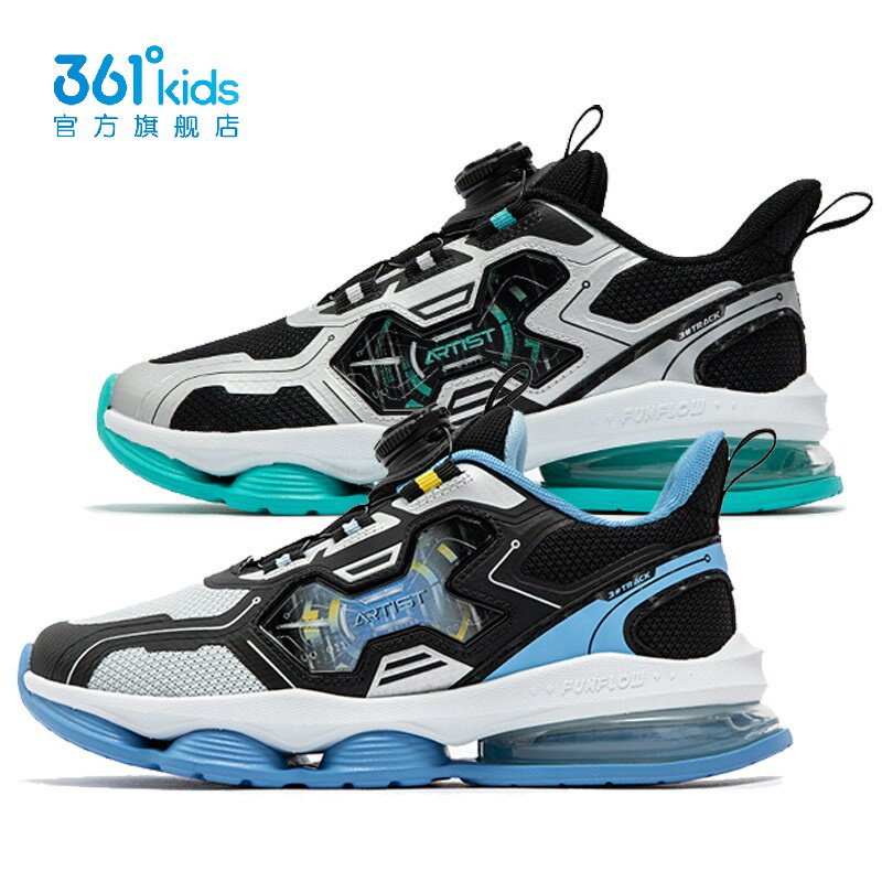361度男童跑鞋网面新品2024秋春旋钮扣中大童气垫运动鞋K72433545