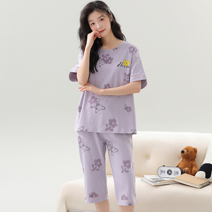 带胸垫睡衣女夏季纯棉短袖七分裤卡通大码200斤可外穿家居服套装