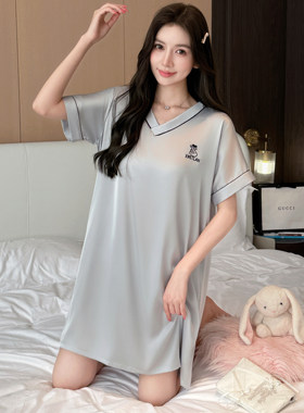 冰丝睡裙女款夏薄款短袖中裙短袖V领宽松可外穿家居服垂坠感睡衣