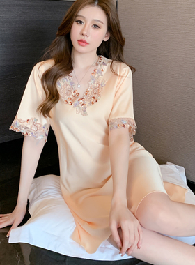 冰丝睡衣女士夏季2026年新款性感蕾丝花边睡裙薄款短袖夏天家居服