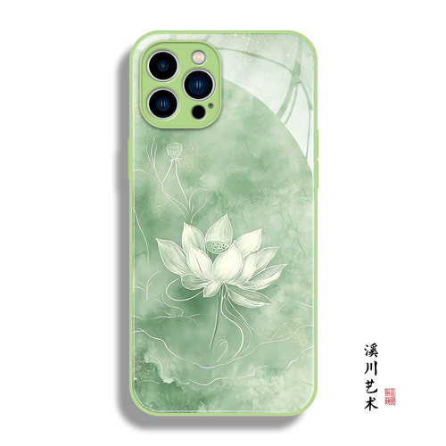翠绿水墨晕染莲花古风艺术手机壳