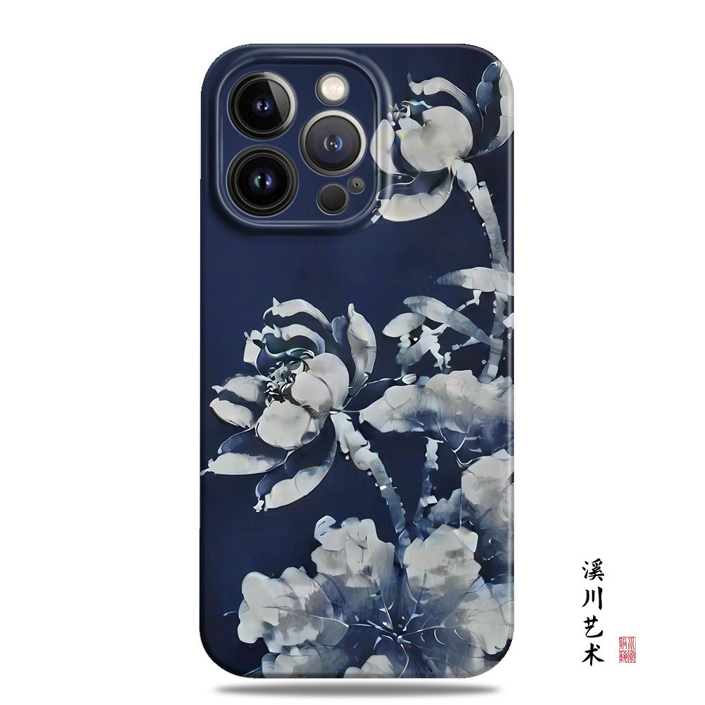 蓝色蜡染荷花艺术复古手机壳全包