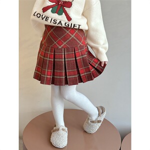 女童格子半身裙女孩秋冬洋气圣诞裙中大童冬装毛昵工字裙格子冬裙