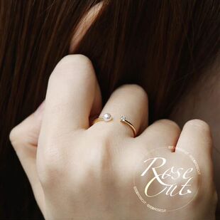 魅力星尘akoya天然淡水珍珠戒指纯银镀14K黄金镶闪钻莫桑石开口戒