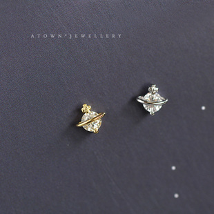 土星 925纯银镀14K金耳钉 小锆钻韩国chic冷淡风迷你小行星耳钉