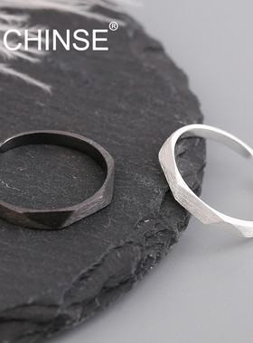 日韩风切面黑金色学生情侣戒指