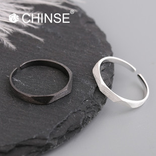 纯银情侣戒指女男士简约日韩切面单戒食指戒黑金色学生指环潮人