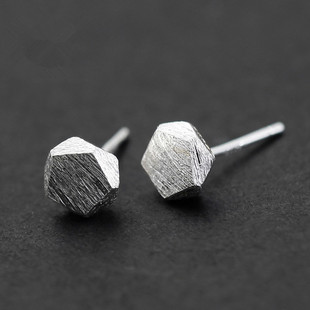 手作 925纯银 五边形立方体耳钉拉丝 简约潮流 男女 情侣