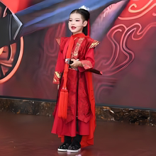 女童花木兰汉服春秋古风古装走秀武侠演出服红色儿童霸气服装唐装