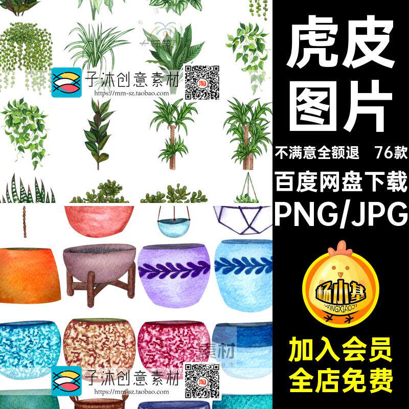 水彩手绘室内植物盆栽元素 虎皮兰吊兰白掌龟背竹花盆PNG免扣图片