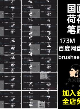 国画荷花笔刷brushset abr水墨荷花笔刷国风传统莲花花卉ps古典