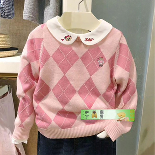 清仓秋冬围尼熊女童菱格针织毛衣儿童宝宝几何图案羊毛衫验货品质