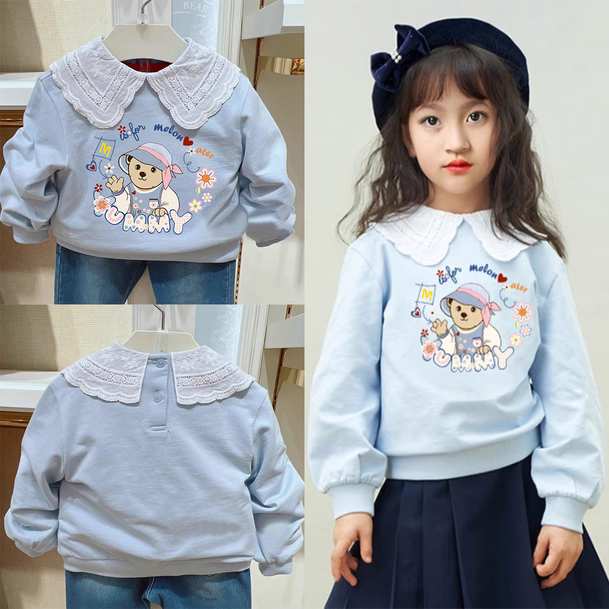 特惠春秋季新款围尼小熊女童休闲刺绣大翻领毛圈棉卫衣纯棉牛仔裤