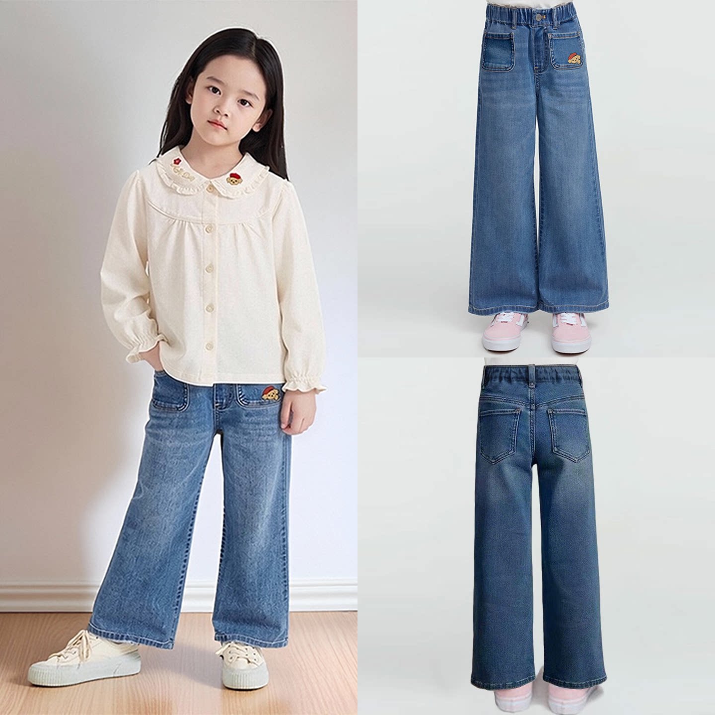 春季新款围尼小熊女童休闲时尚宽松微阔腿常规薄款牛仔裤验货品质