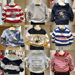 清仓春秋款围尼小熊童装男童条纹款卫衣薄款高品质毛圈棉验货品质
