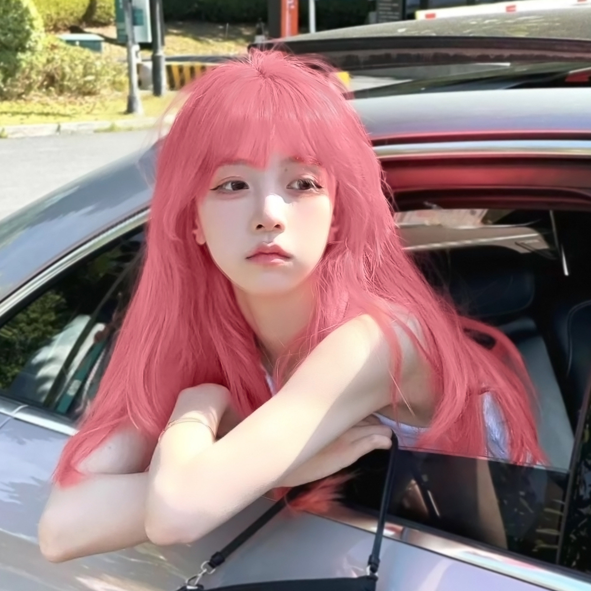 假发女粉色长发甜美蓬松长直发学生百搭无痕空气刘海高炉顶全头套