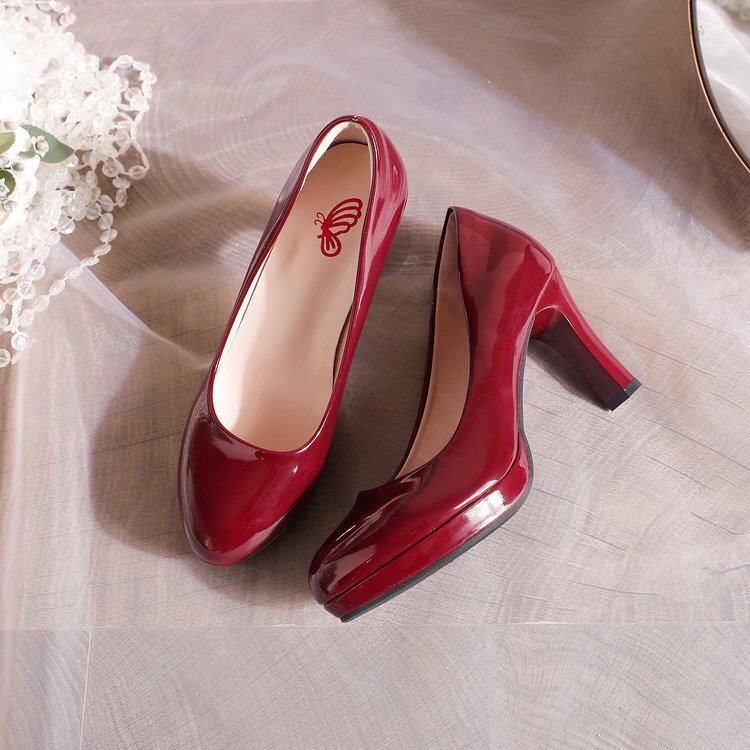 高跟鞋女粗跟8cm圆头防水台百搭漫展大码气质酒红色工作职业单鞋