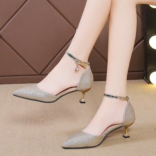 三公分一字扣金色年会3cm高跟鞋