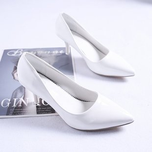亮光高跟鞋女中跟5cm工作职业优雅白色礼服职场百搭细跟单鞋皮鞋