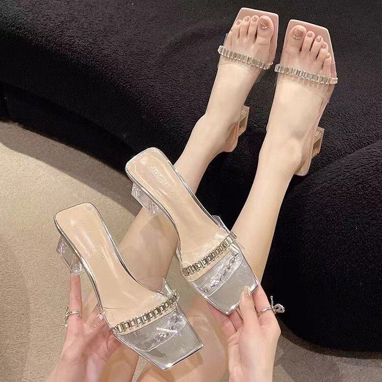 2026年夏季透明一字带高跟凉鞋女士外穿中跟5cm水钻粗跟凉拖鞋款