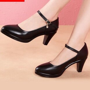 防水台单鞋女粗跟尖头浅口一字扣旗袍模特走秀舒适职业高跟鞋5cm