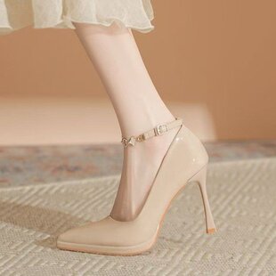 裸色高跟鞋女10cm防水台细跟性感尖头一字扣水钻单鞋亮光性感浅口