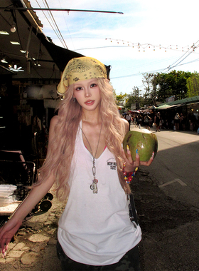 NECOYEP美式复古字母印花V领露背背心女夏季辣妹宽松显瘦无袖上衣