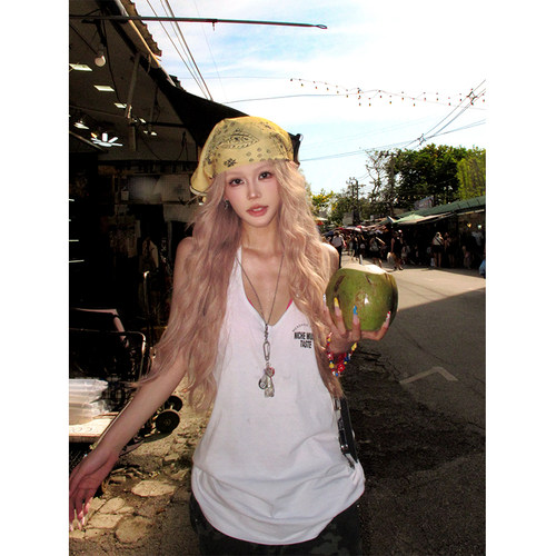 NECOYEP美式复古字母印花挂脖V领露背背心女夏季辣妹宽松无袖上衣