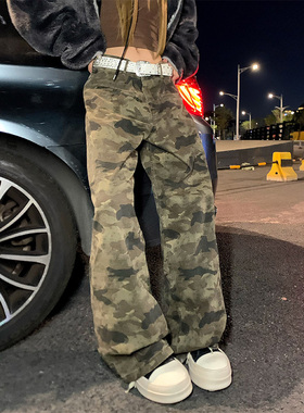 NECOYEP 2025美式复古迷彩阔腿工装裤男女宽松简约高街直筒长裤