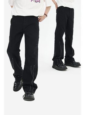 NECOYEP 2025美式复古设计感黑色直筒休闲牛仔裤男女潮牌百搭长裤