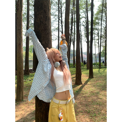 NECOYEP春夏美式撞色格纹长袖衬衫男女宽松休闲清新防晒衬衣外套