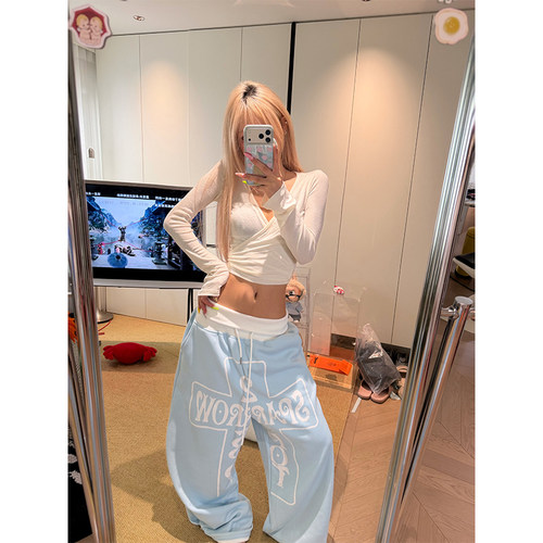 NECOYEP 美式字母十字印花翻腰设计感阔腿卫裤男女宽松休闲长裤