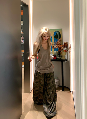 NECOYEP 美式复古抽绳阔腿迷彩裤男女宽松休闲潮流百搭直筒长裤