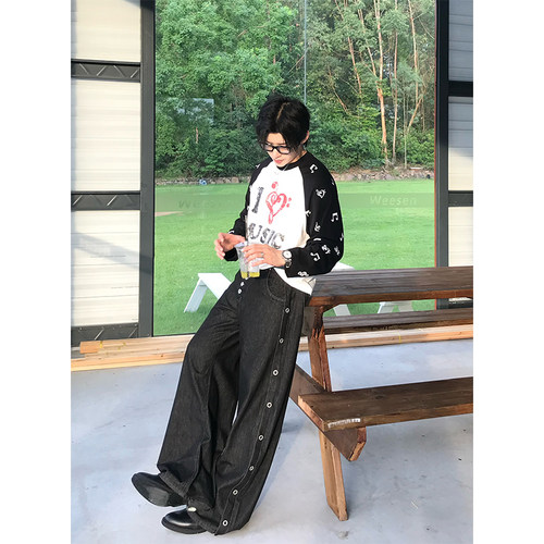NECOYEP 美式设计感排扣原牛弯刀牛仔裤男女宽松百搭阔腿潮流长裤