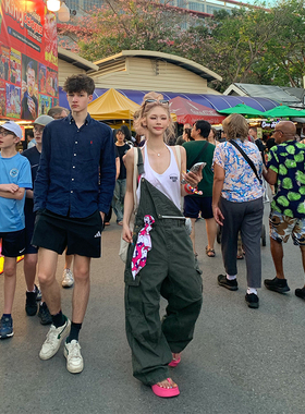 NECOYEP 美式复古工装背带裤男女宽松休闲高街设计感直筒阔腿长裤