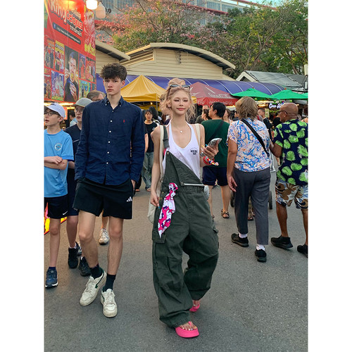 NECOYEP 美式复古工装背带裤男女宽松休闲高街设计感直筒阔腿长裤