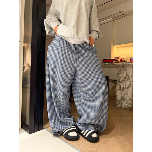 NECOYEP 美式拼色格子阔腿休闲裤男女宽松百搭设计感拖地长裤潮