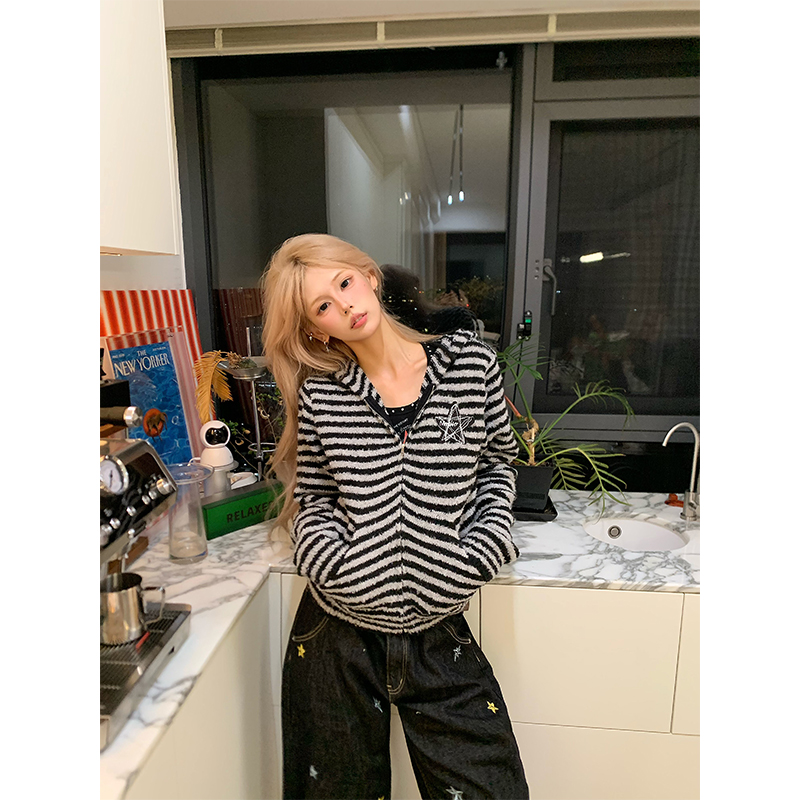 NECOYEP 美式复古拼色条纹连帽针织毛衣外套男女春秋宽松百搭帽衫