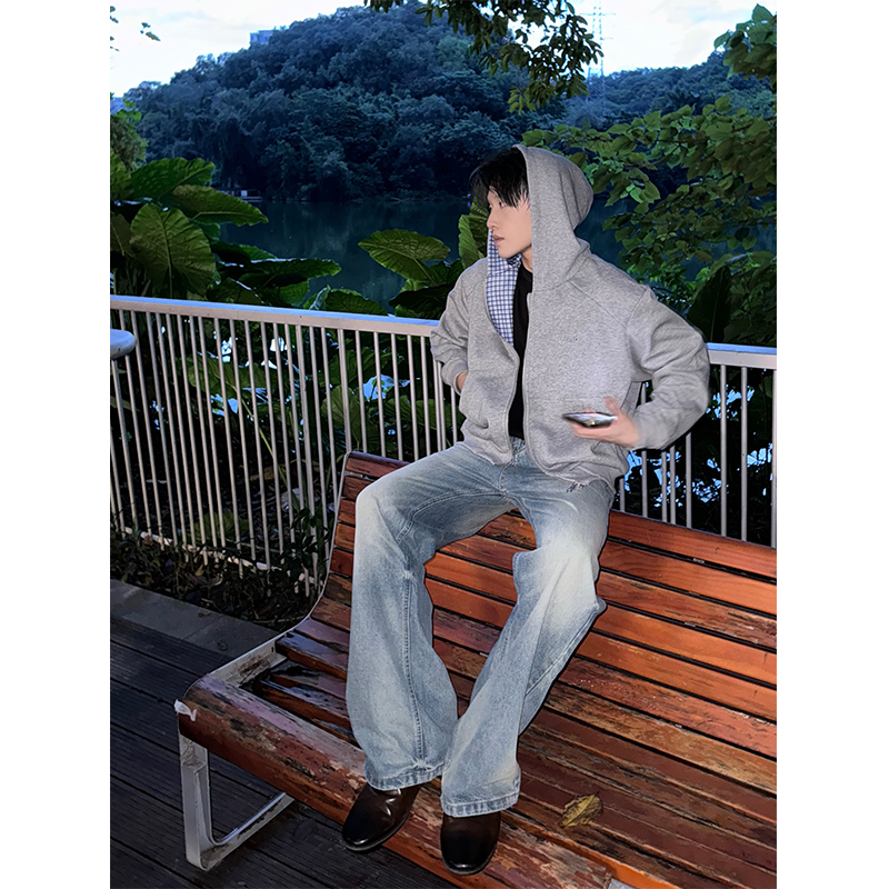 NECOYEP 美式字母刺绣格子拉链连帽卫衣开衫男女宽松cleanfit外套