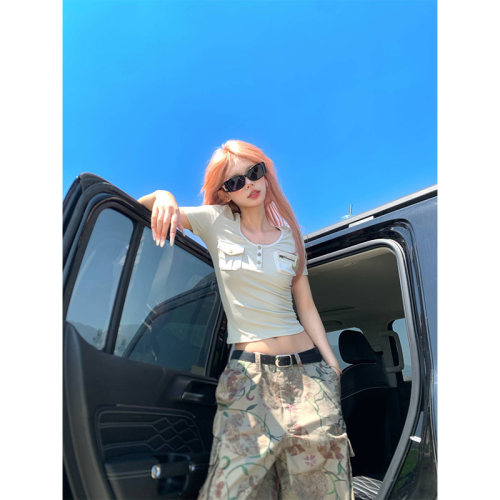 NECOYEP美式复古拼接口袋正肩短袖T恤女夏季修身显瘦打底衫上衣